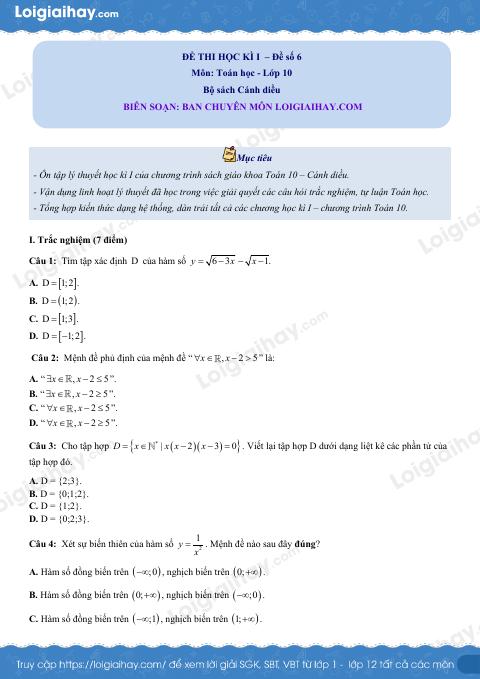 Đề thi học kì 1 Toán 10 Cánh diều - Đề số 6